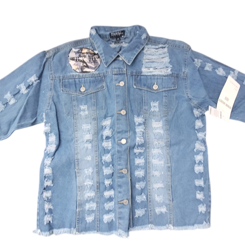 * Thrill jeans 2X distressed Jean jacket button down damaged destroyed